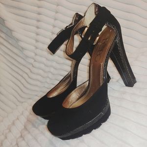 BCBG Platform Suede Ankle Strap w/ Snake Detail